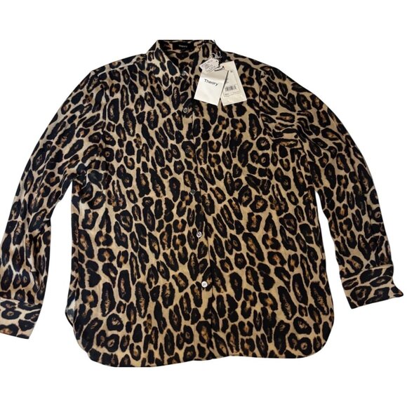 Theory Straight Shirt in Recycled Leopard Print Georgette XS Petite - Picture 9 of 16
